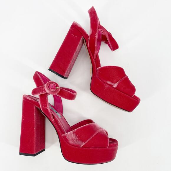 Prada Pink Velvet Crisscross Platform Block Heel Ankle Strap Sandals size IT 36 - Picture 4 of 13